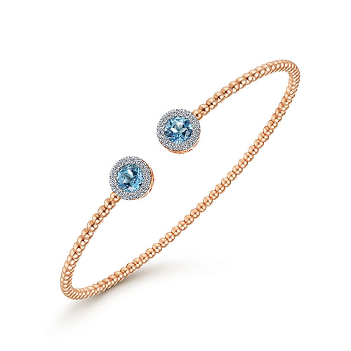 14K Rose Gold Round Blue Topaz and Diamond Halo Bujukan Bangle