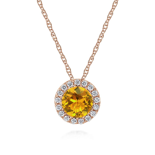 14K Rose Gold Round Citrine and Diamond Halo Pendant Necklace