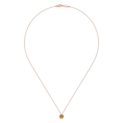14K Rose Gold Round Citrine and Diamond Halo Pendant Necklace