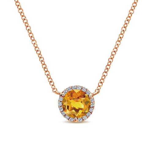 14K Rose Gold Round Citrine and Diamond Halo Pendant Necklace
