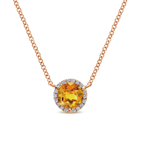 Gabriel - 14K Rose Gold Round Citrine and Diamond Halo Pendant Necklace