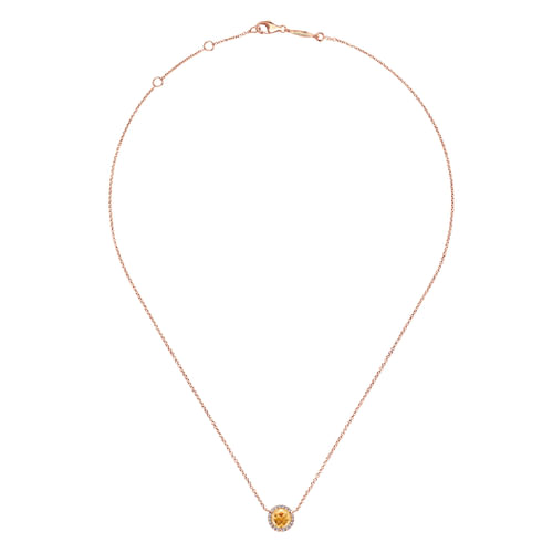 14K Rose Gold Round Citrine and Diamond Halo Pendant Necklace