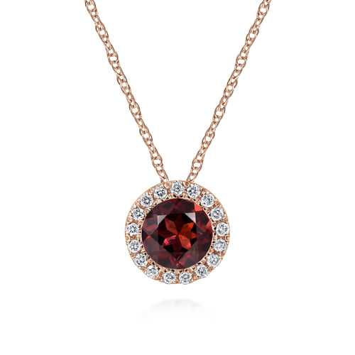 14K Rose Gold Round Garnet and Diamond Halo Pendant Necklace