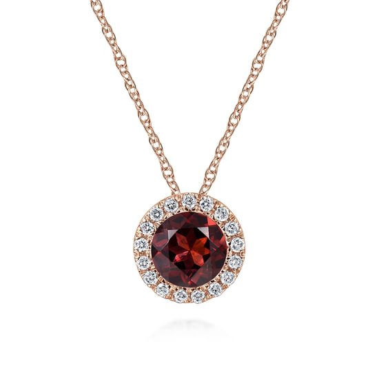 Gabriel - 14K Rose Gold Round Garnet and Diamond Halo Pendant Necklace