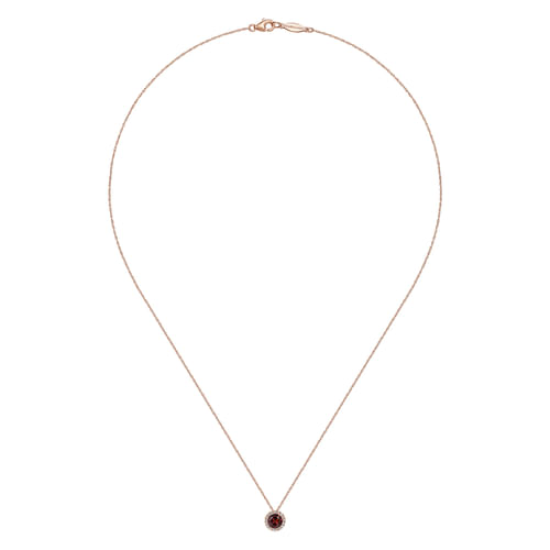14K Rose Gold Round Garnet and Diamond Halo Pendant Necklace