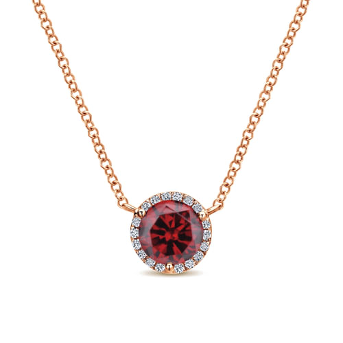 14K Rose Gold Round Garnet and Diamond Halo Pendant Necklace