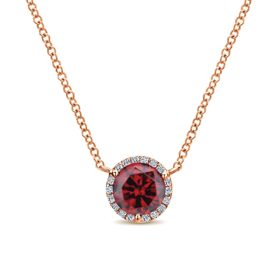 Gabriel - 14K Rose Gold Round Garnet and Diamond Halo Pendant Necklace