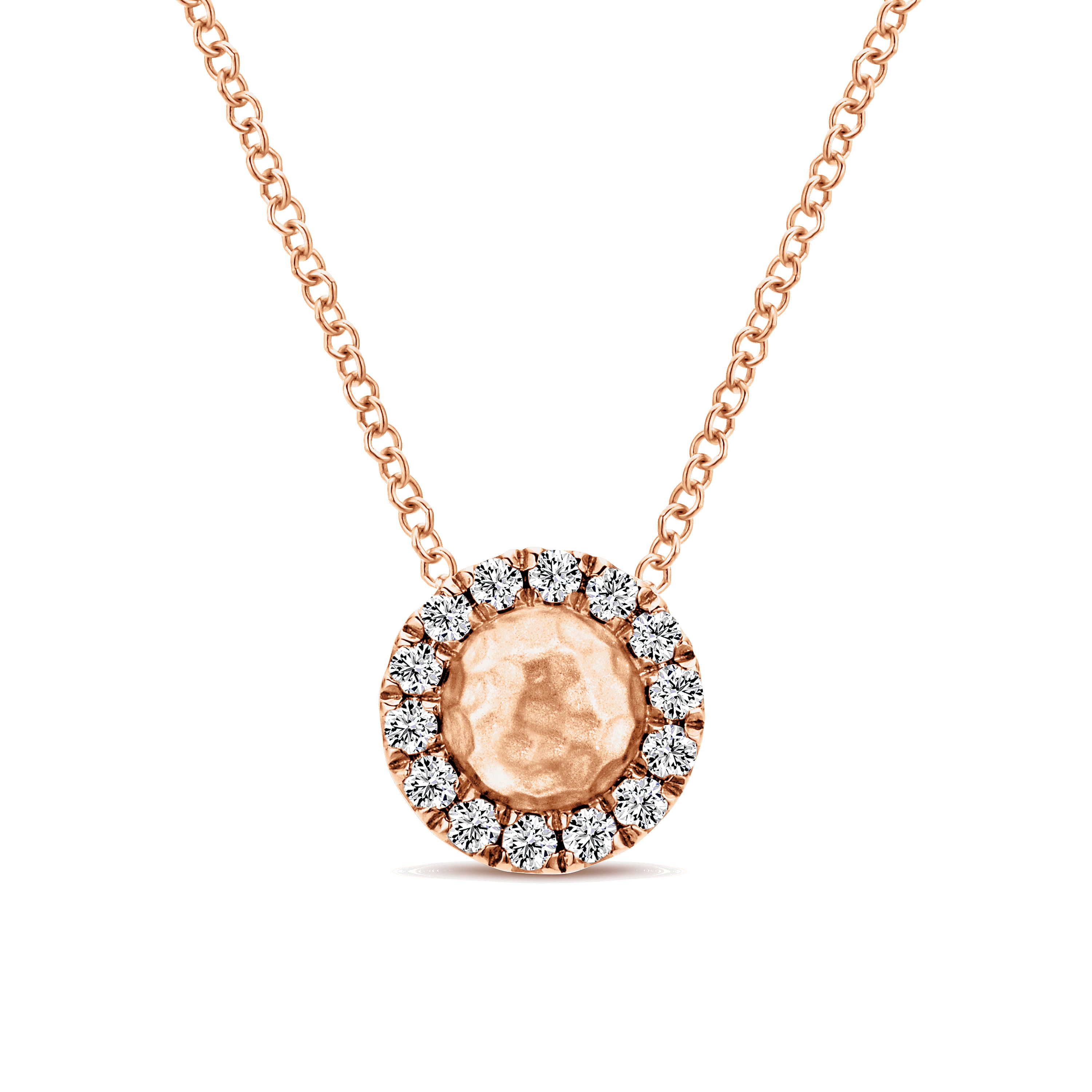 14K Rose Gold Round Hammered Diamond Halo Pendant Necklace