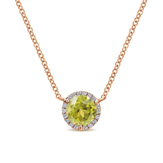 Gabriel - 14K Rose Gold Round Lemon Quartz and Diamond Halo Pendant Necklace