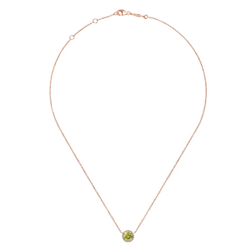 14K Rose Gold Round Lemon Quartz and Diamond Halo Pendant Necklace