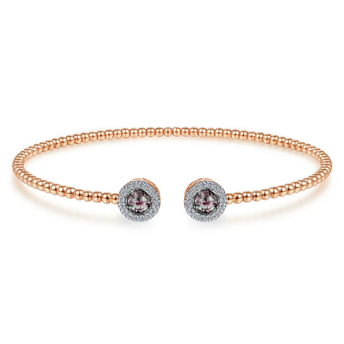 14K Rose Gold Round Manmade Alexandrite and Diamond Halo Bujukan Bangle