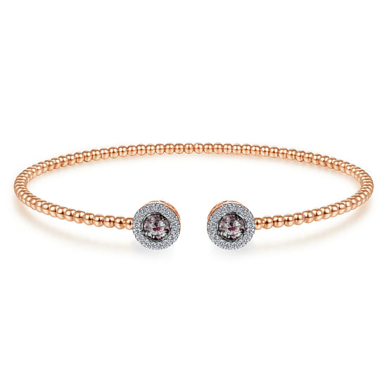 14K Rose Gold Round Manmade Alexandrite and Diamond Halo Bujukan Bangle