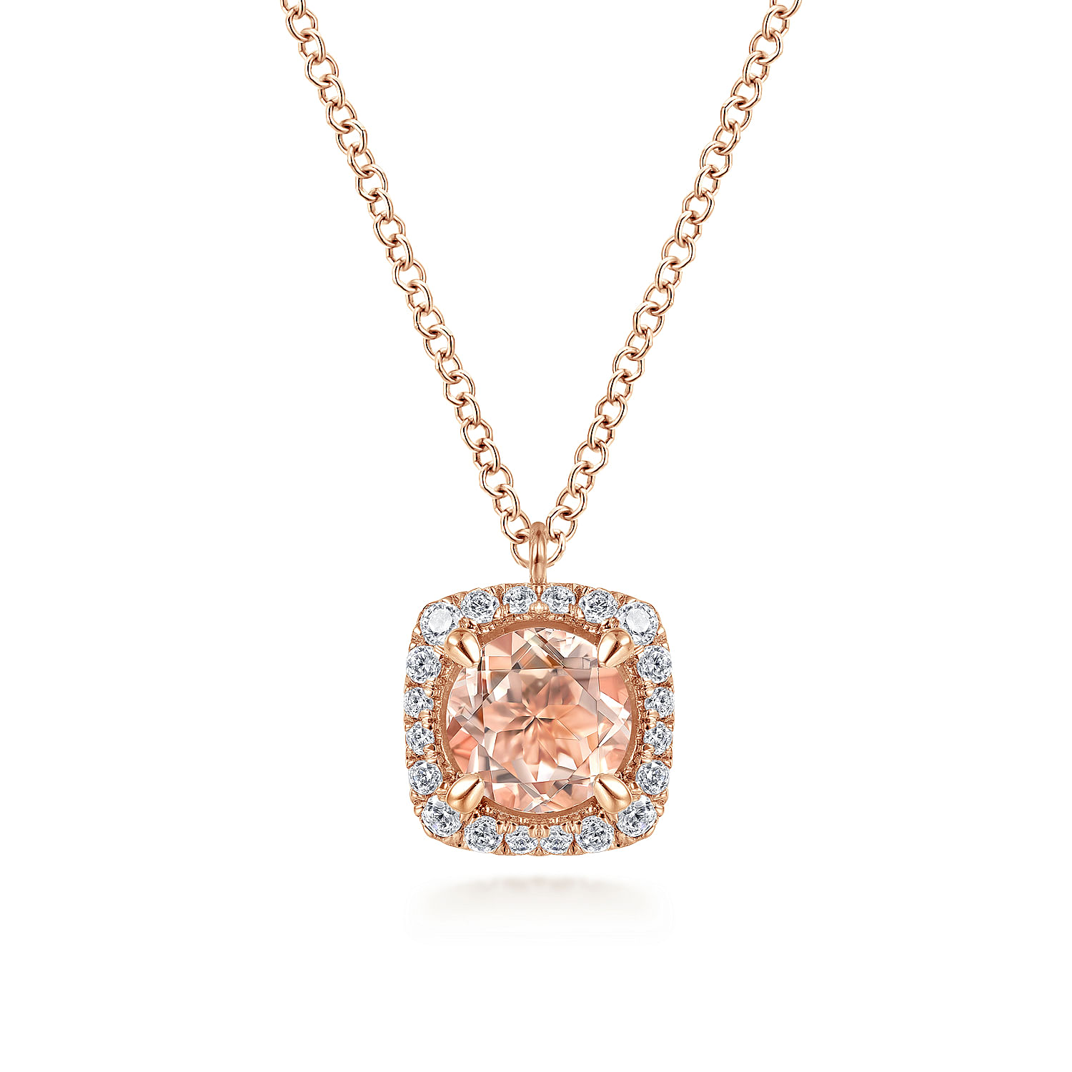 14K Rose Gold Round Morganite and Cushion Diamond Halo Pendant Necklace