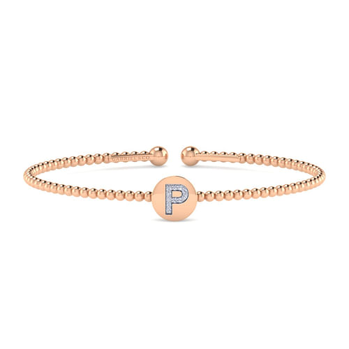 14K Rose Gold Round P Initial Diamond Bujukan Cuff Bracelet