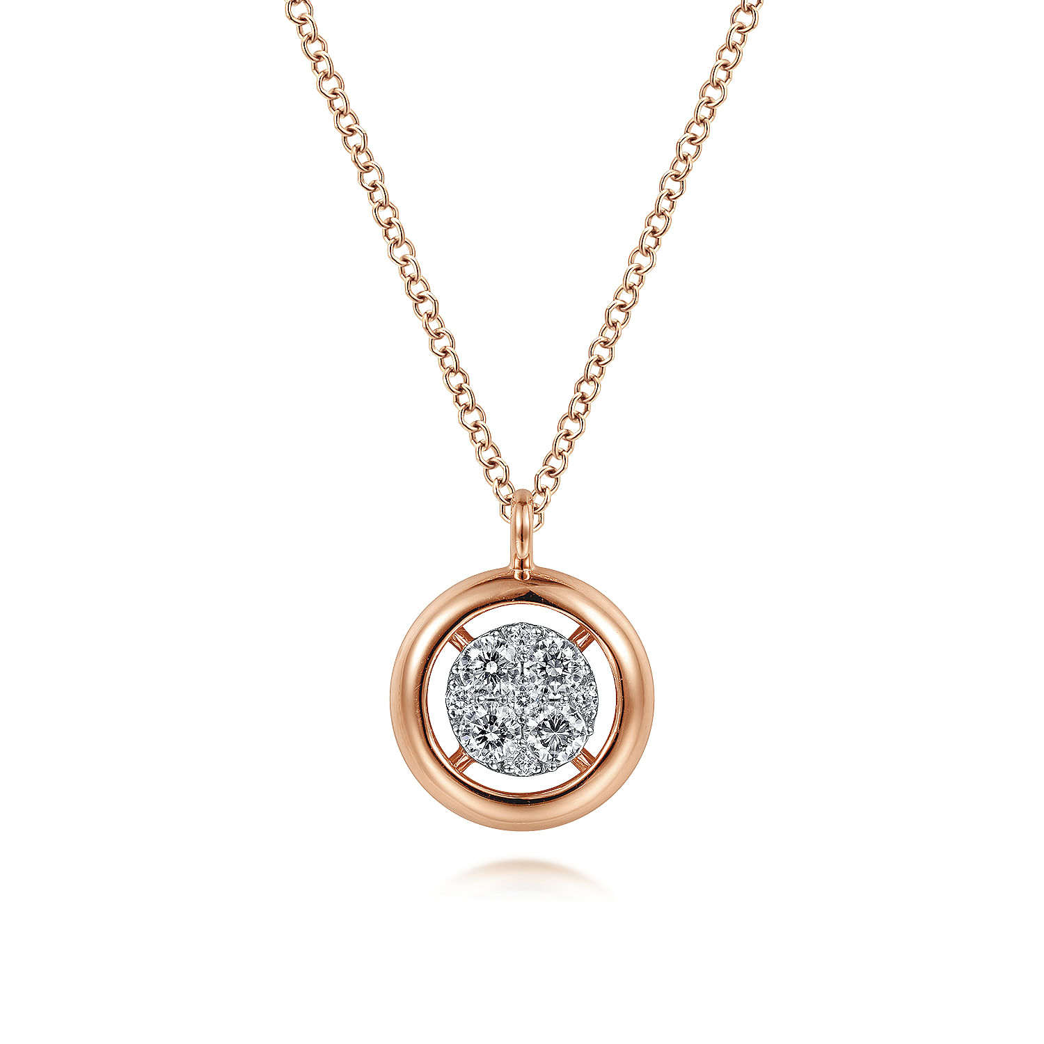 14K Rose Gold Round PavÒ Diamond Floating Pendant Necklace with Wide Border