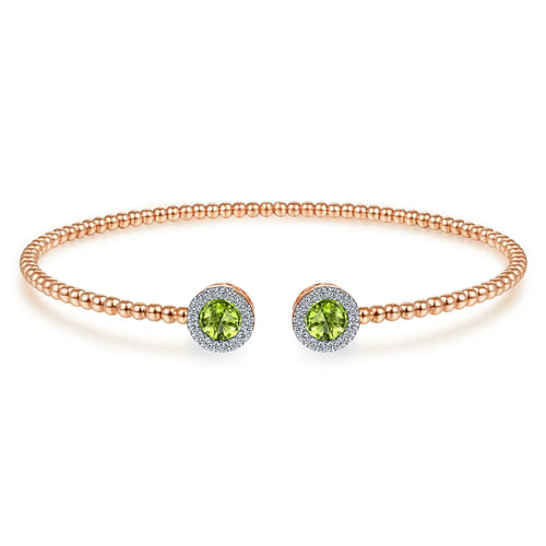 14K Rose Gold Round Peridot and Diamond Halo Bujukan Bangle
