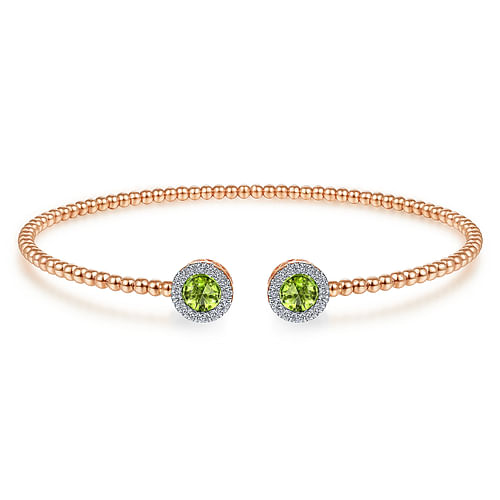 14K Rose Gold Round Peridot and Diamond Halo Bujukan Bangle