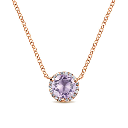 14K Rose Gold Round Pink Amethyst and Diamond Halo Pendant Necklace