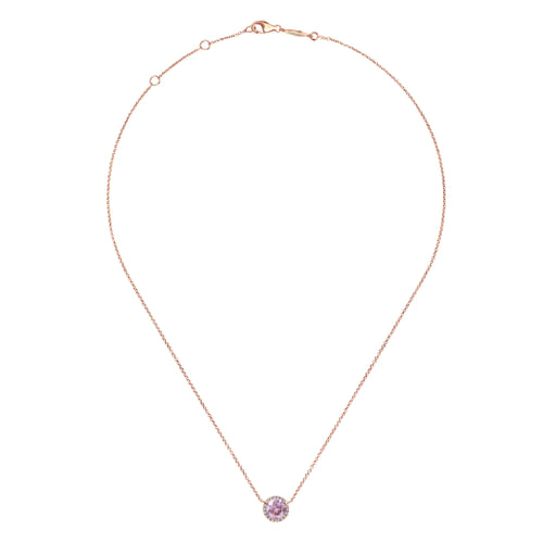 14K Rose Gold Round Pink Amethyst and Diamond Halo Pendant Necklace