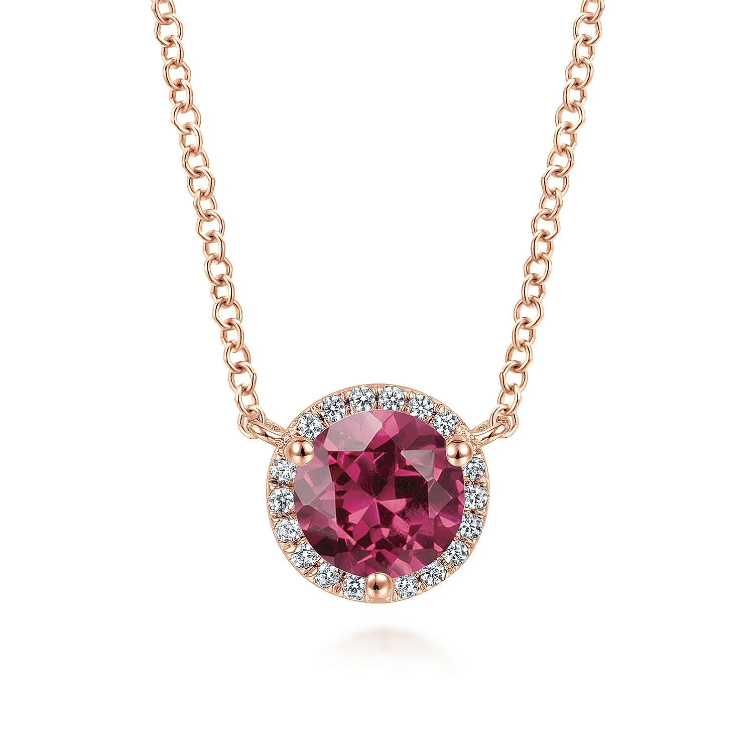14K Rose Gold Round Pink Tourmaline and Diamond Halo Pendant Necklace