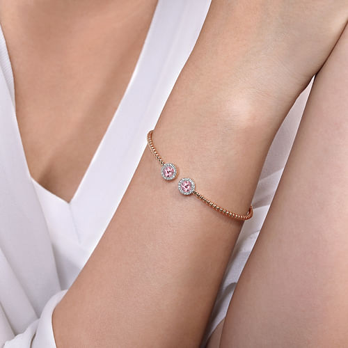 14K Rose Gold Round Pink Zircon and Diamond Halo Bujukan Bangle