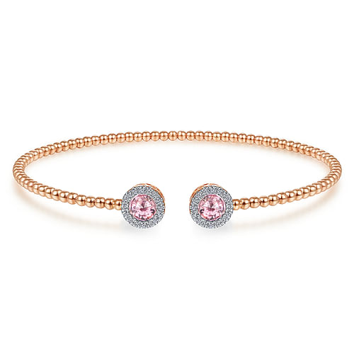 14K Rose Gold Round Pink Zircon and Diamond Halo Bujukan Bangle