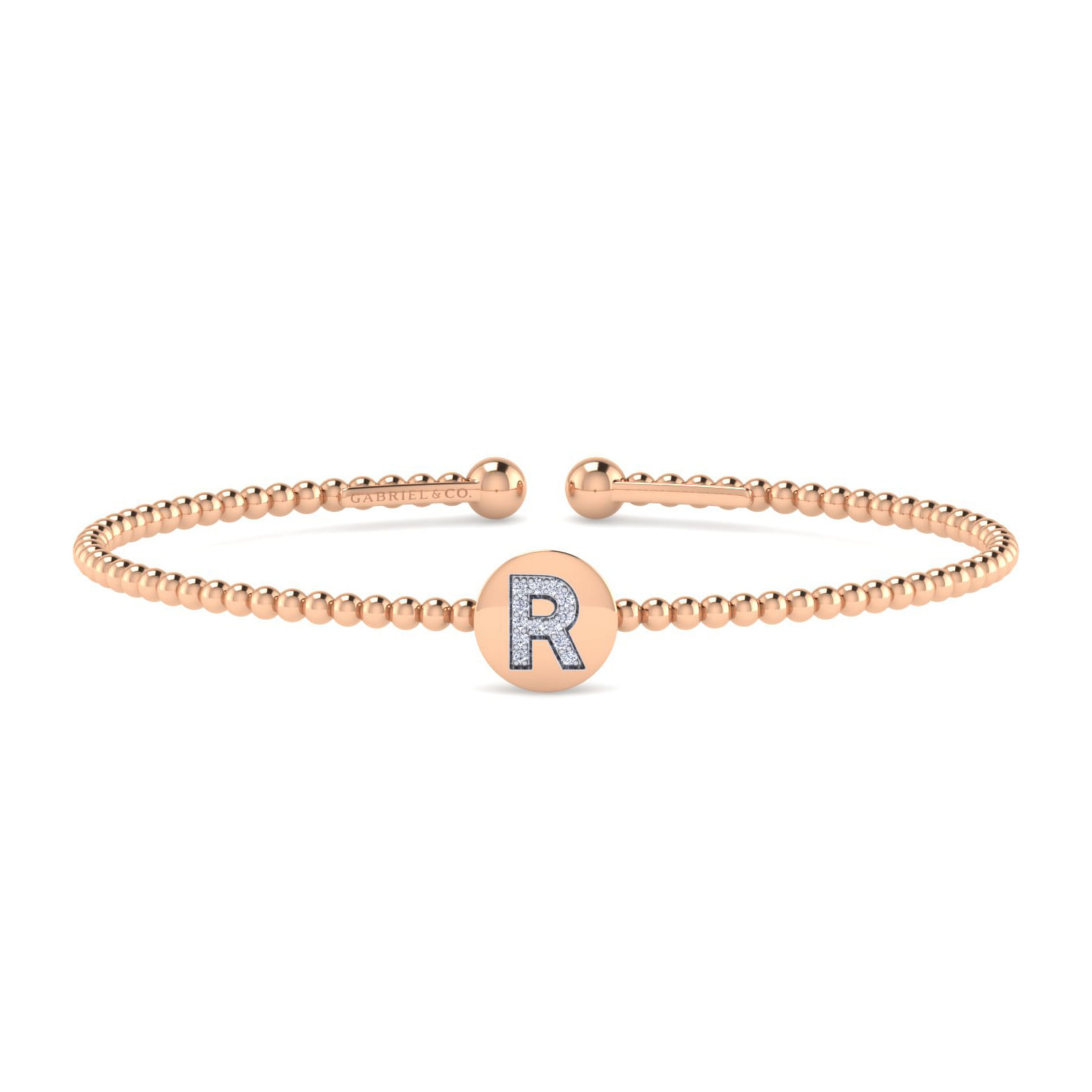 14K Rose Gold Round R Initial Diamond Bujukan Cuff Bracelet