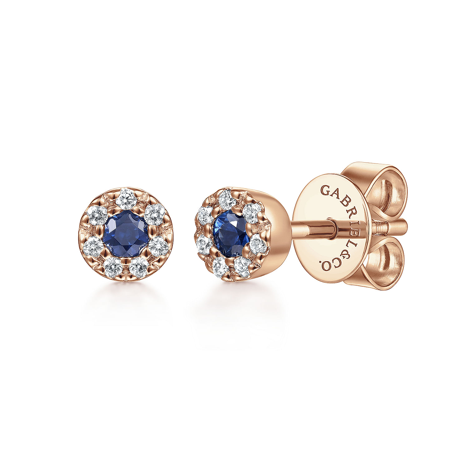14K Rose Gold Round Sapphire Diamond Halo Stud Earrings