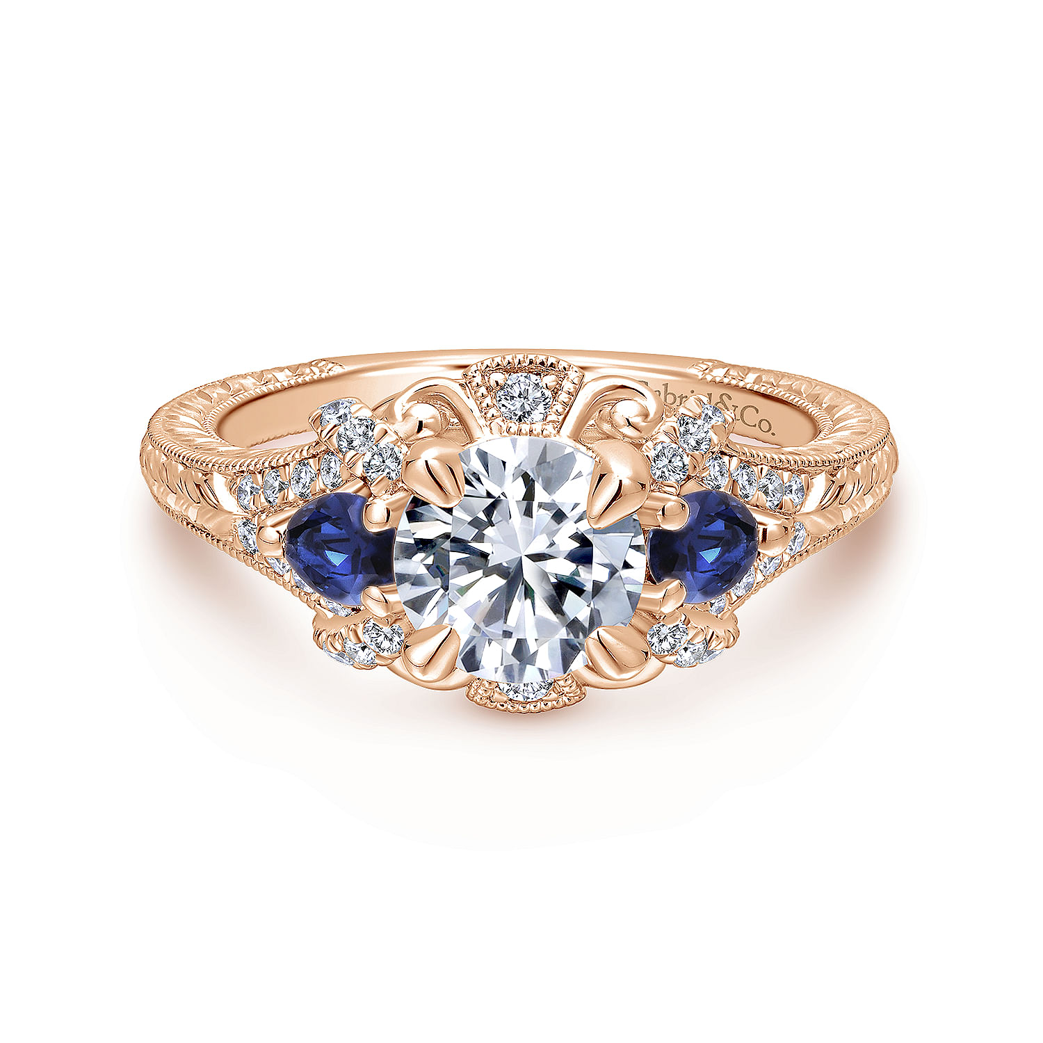 Gabriel - 14K Rose Gold Round Sapphire and Diamond Engagement Ring