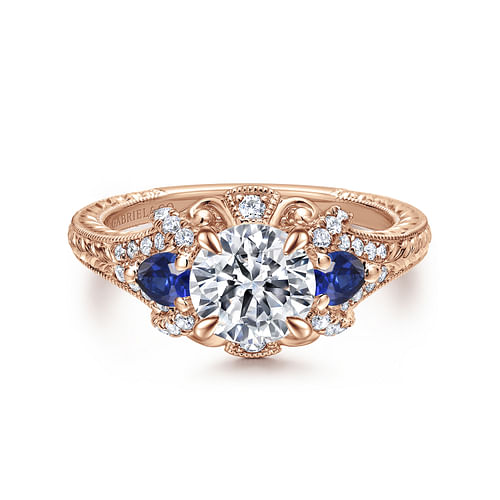 14K Rose Gold Round Sapphire and Diamond Engagement Ring
