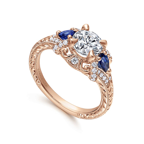 14K Rose Gold Round Sapphire and Diamond Engagement Ring