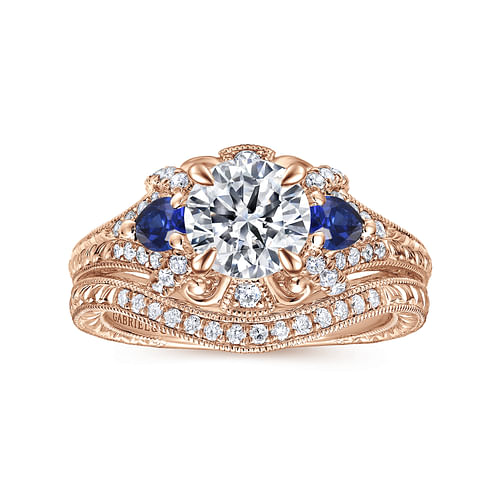 14K Rose Gold Round Sapphire and Diamond Engagement Ring