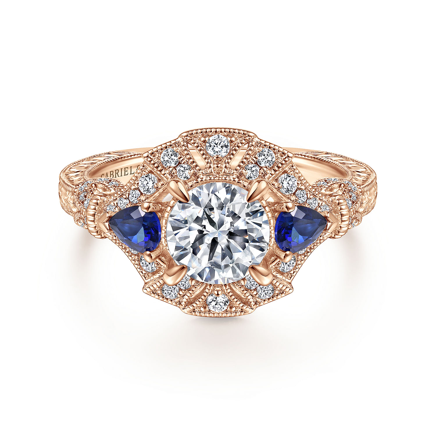 14K Rose Gold Round Sapphire and Diamond Engagement Ring