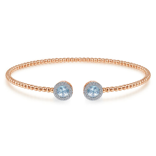 14K Rose Gold Round Sky Blue Topaz and Diamond Halo Bujukan Bangle