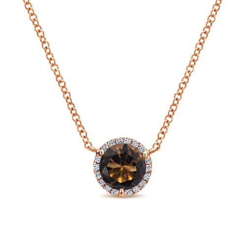14K Rose Gold Round Smoky Quartz and Diamond Halo Pendant Necklace