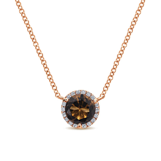 Gabriel - 14K Rose Gold Round Smoky Quartz and Diamond Halo Pendant Necklace