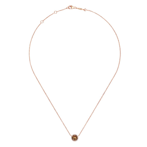 14K Rose Gold Round Smoky Quartz and Diamond Halo Pendant Necklace