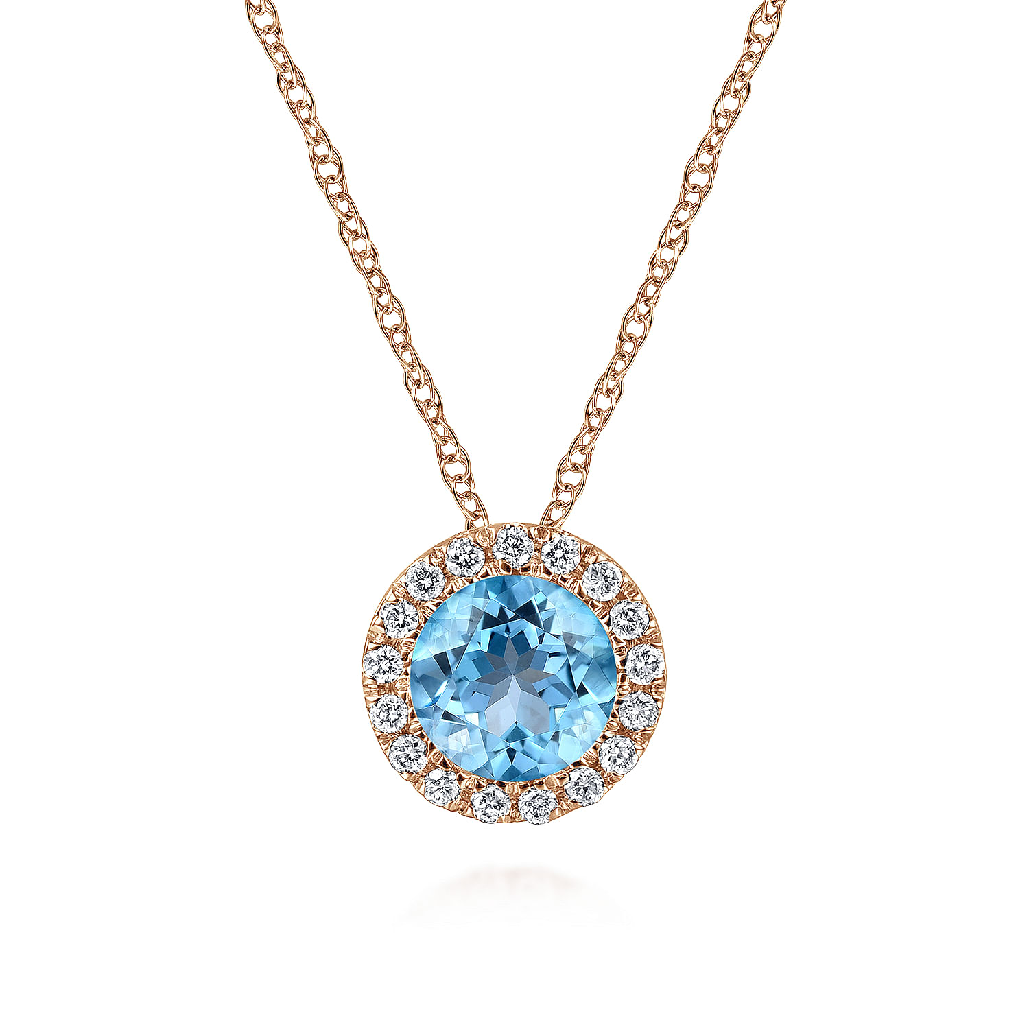 14K Rose Gold Round Swiss Blue Topaz and Diamond Halo Pendant Necklace