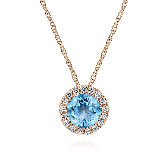 Gabriel - 14K Rose Gold Round Swiss Blue Topaz and Diamond Halo Pendant Necklace