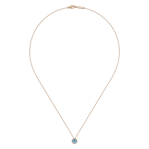 14K Rose Gold Round Swiss Blue Topaz and Diamond Halo Pendant Necklace