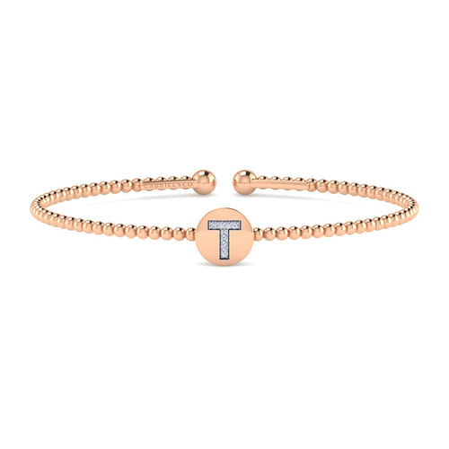 14K Rose Gold Round T Initial Diamond Bujukan Cuff Bracelet