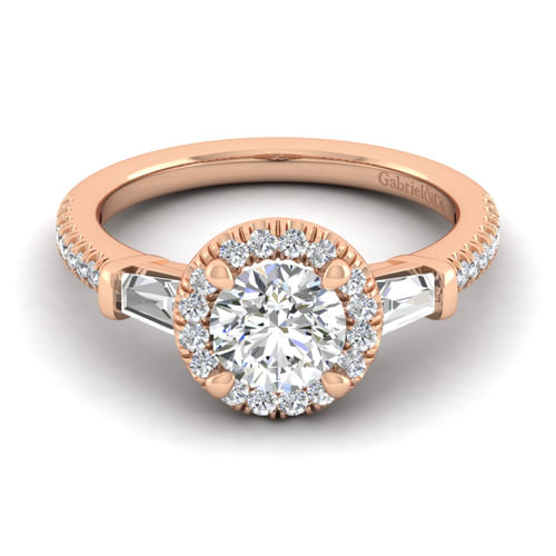 14K Rose Gold Round Three Stone Halo Diamond Channel Set Engagement Ring