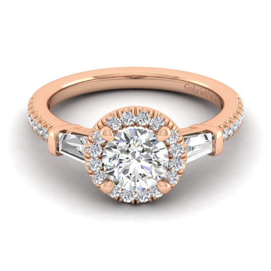 Gabriel - 14K Rose Gold Round Three Stone Halo Diamond Channel Set Engagement Ring