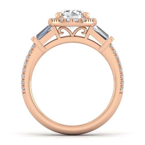 14K Rose Gold Round Three Stone Halo Diamond Channel Set Engagement Ring