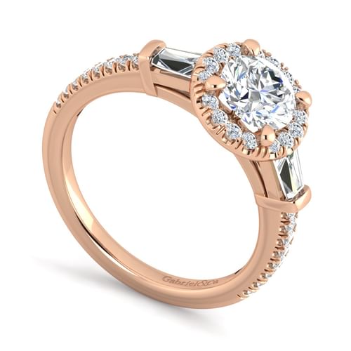 14K Rose Gold Round Three Stone Halo Diamond Channel Set Engagement Ring