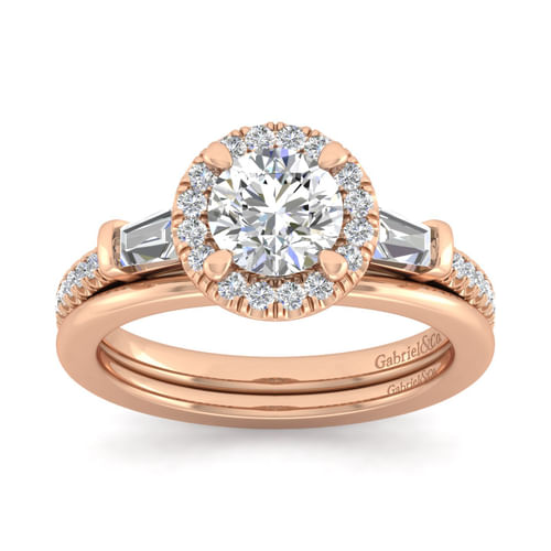 14K Rose Gold Round Three Stone Halo Diamond Channel Set Engagement Ring
