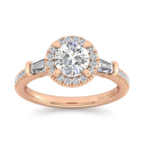 14K Rose Gold Round Three Stone Halo Diamond Channel Set Engagement Ring