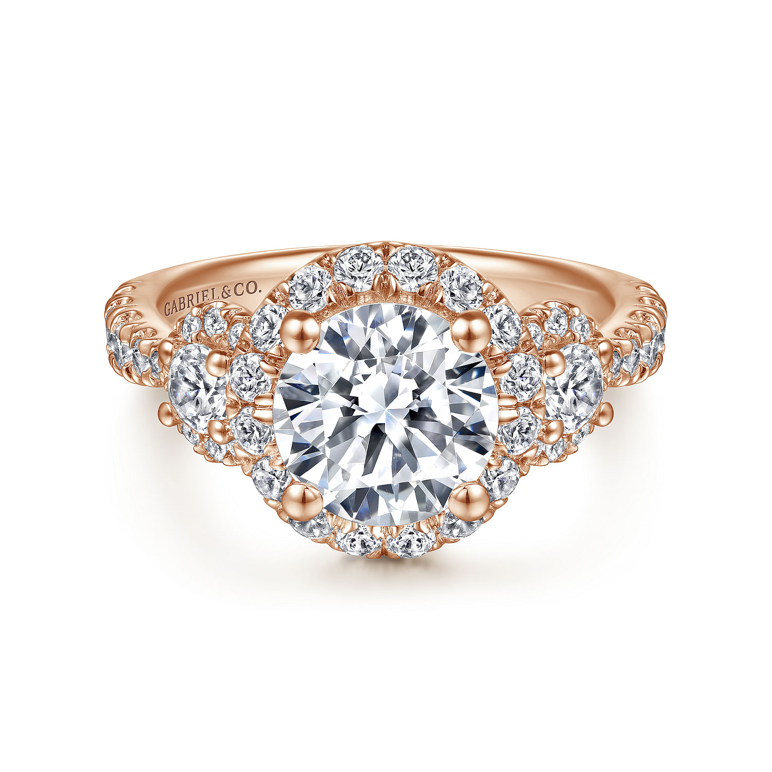 Gabriel - 14K Rose Gold Round Three Stone Halo Diamond Engagement Ring