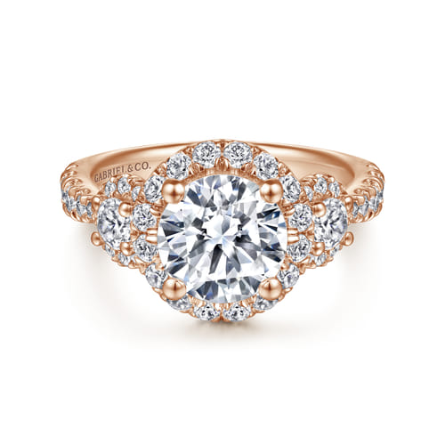 14K Rose Gold Round Three Stone Halo Diamond Engagement Ring