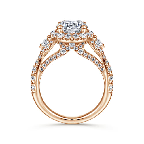 14K Rose Gold Round Three Stone Halo Diamond Engagement Ring